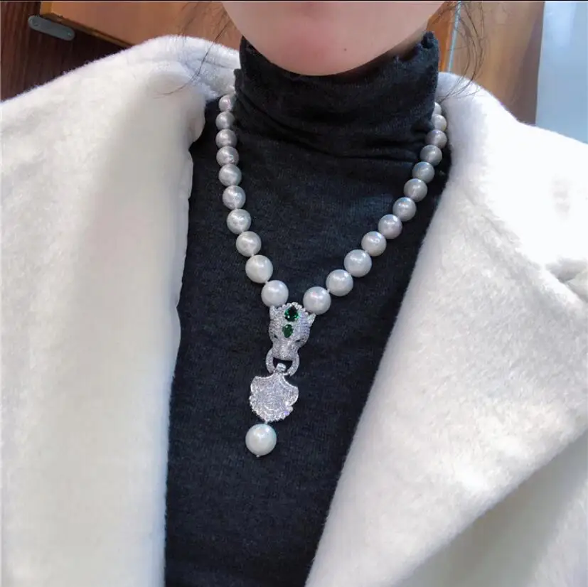 ????? ナチュラルバロック偉そうヒョウヘッドペンダントジュエリー真珠のネックレスガールフレンドのため