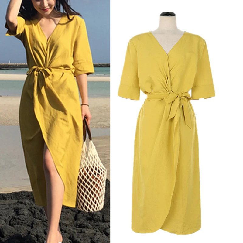 Женское асимметричное платье со шнуровкой и разрезом однотонное офисное с v