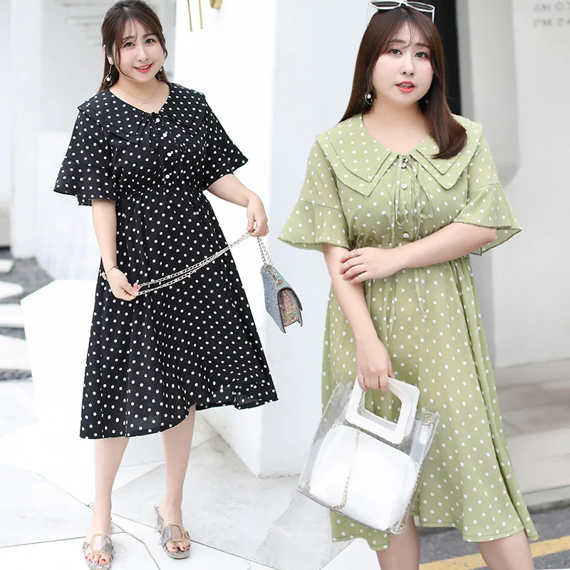 XL-4XL 2019 Summer Large size Women Dress Casual Polka Dot Plus Ruffles Peter Pan Collar Elegant Office Lady Vestidos | Женская одежда