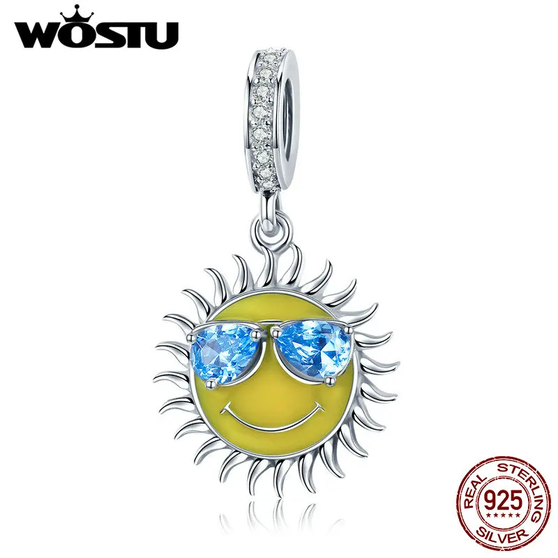 WOSTU 925 пробы Серебряный прохладный летний солнце желтый цвет эмаль синий CZ кулон подходит браслет и браслет для женщин модный подарок CQC771