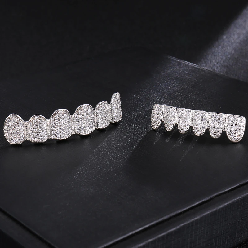 Хип-хоп Блестящий Bling Полный Iced Out AAA кубический циркон кристалл Зубы гриль Золото Серебро Клык сверху и снизу гриль набор дропшиппинг