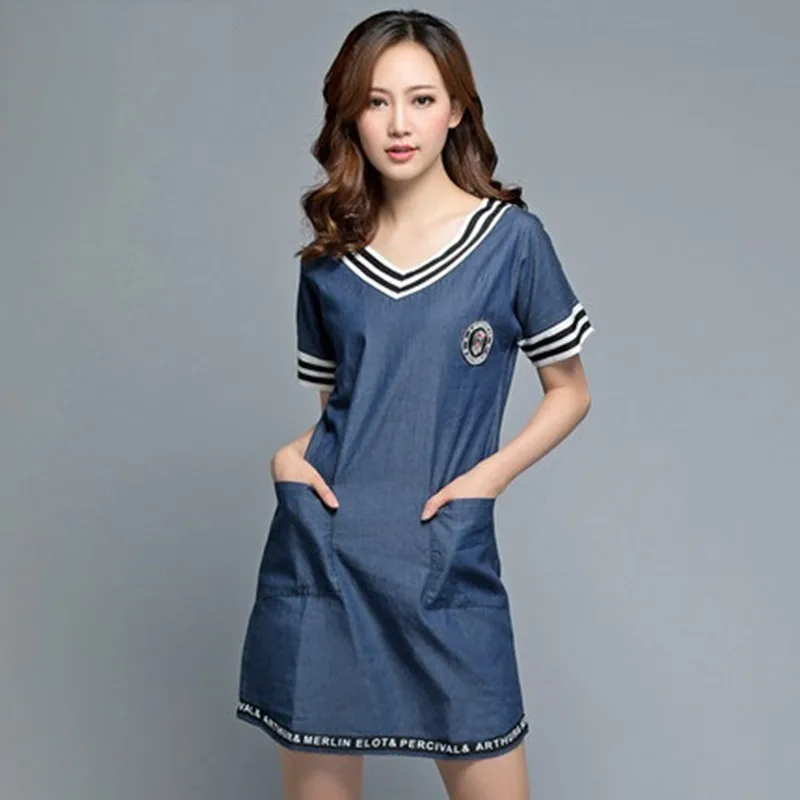 jeans blue Новое летнее стильное модное женское платье размера плюс, повседневное свободное хлопковое джинсовое платье с v-образным вырезом для женщин, большое джинсовое цельное платье - Цвет: jeans blue