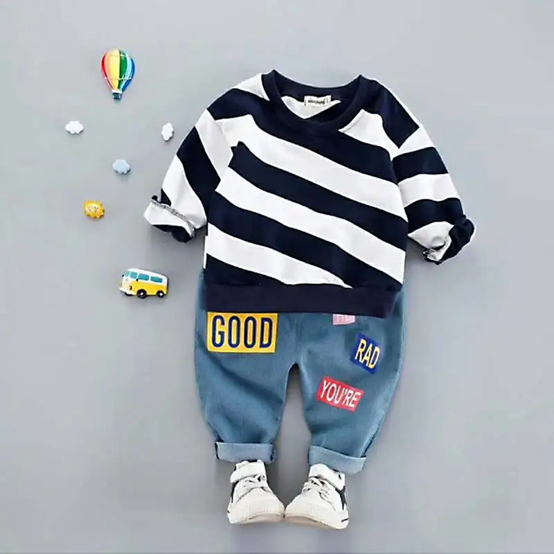 BOTEZAI Child Boy Striped Clothes Sets For Baby Girls Boys Fashion Letter Long Sleeve T shirt + Jeans Pants |