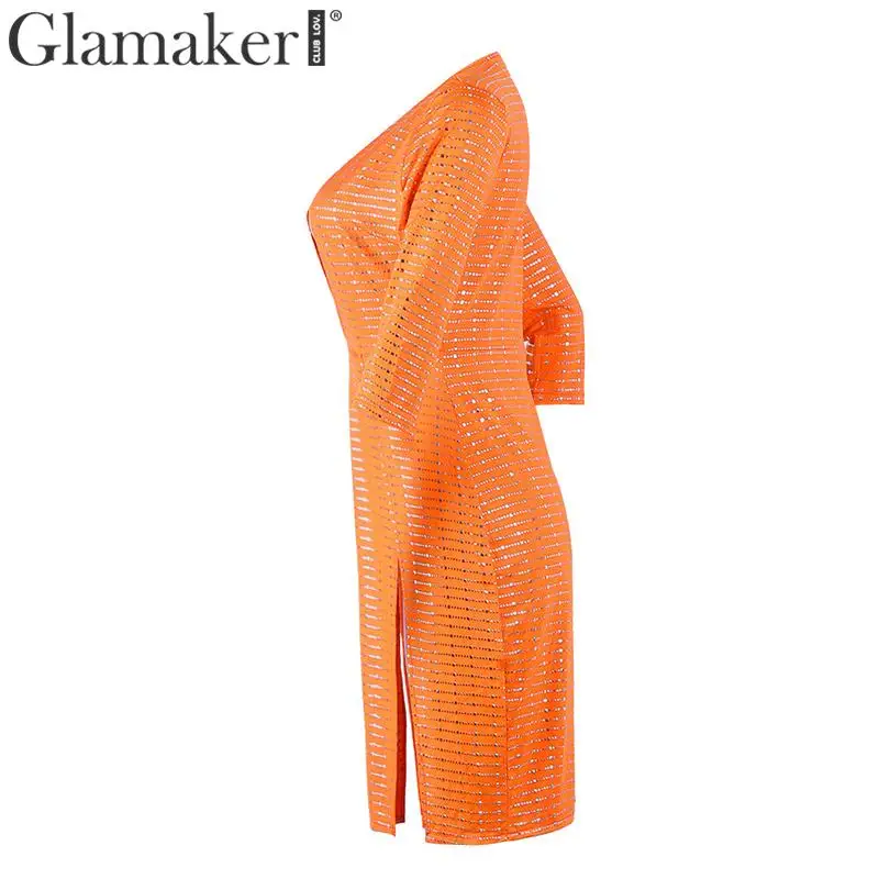 Glamaker Sequin сексуальное асимметричное облегающее платье с v-образным вырезом женское летнее короткое платье с высоким разрезом женское блестящее вечернее платье