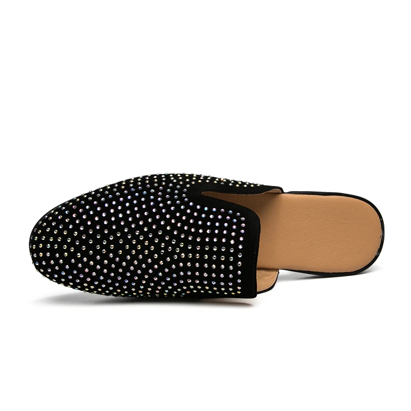 

YEINSHAARS High Quality Breathable Summer Black Bling Bling Men Slippers Moccasins Leather Casual Shoes Handmade Slip-On Flats