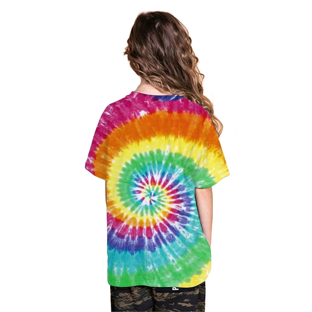 

Boys and Girls O-neck 3D Digital Print Short Sleeve Colorful Rainbow Circle Dyeing Summer T-shirts Casual Streetwear T-shirts