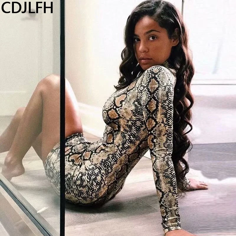 

Autumn Summer Dress Animal Snake Print Women Dress Fashion Strechy Snake Skin Long Sleeve Mini Sexy Bodycon Party Dresses Casual