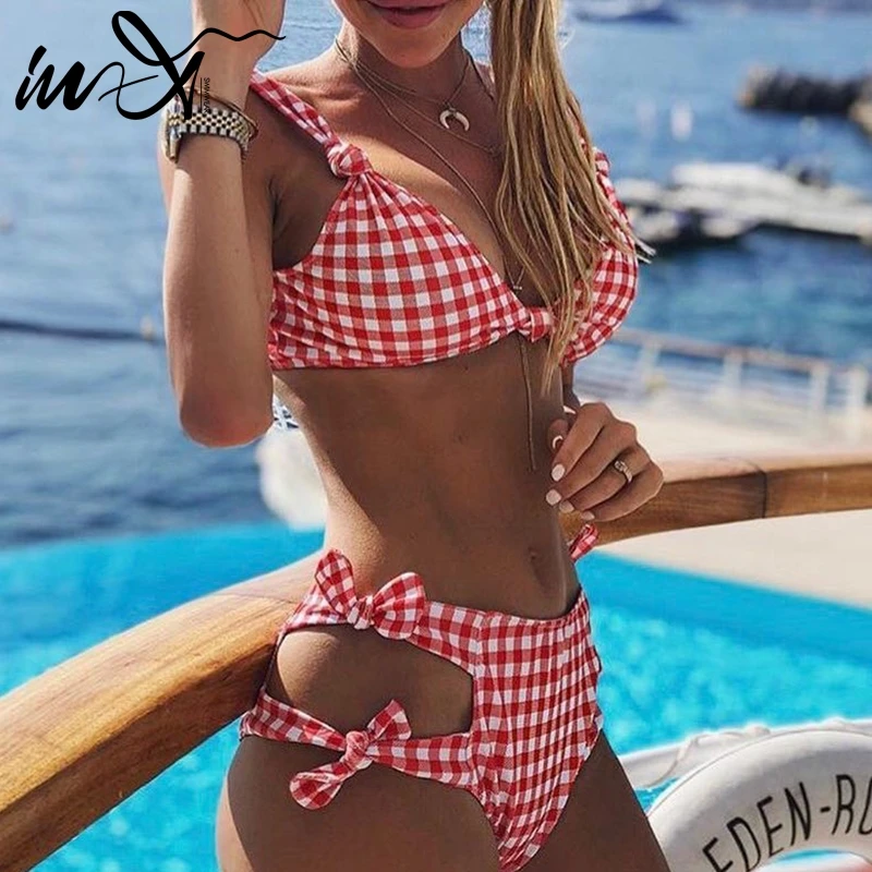 In X купальник с высокой талией женский сексуальный клетчатый бикини 2019 летний