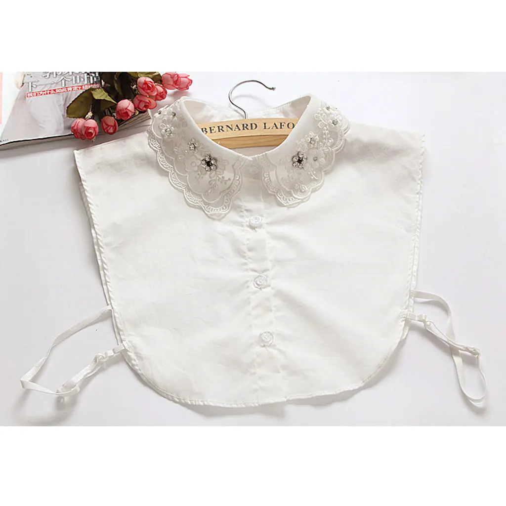 Женская полурубашка со съемным воротником украшенная бусинами|half shirts|white collar