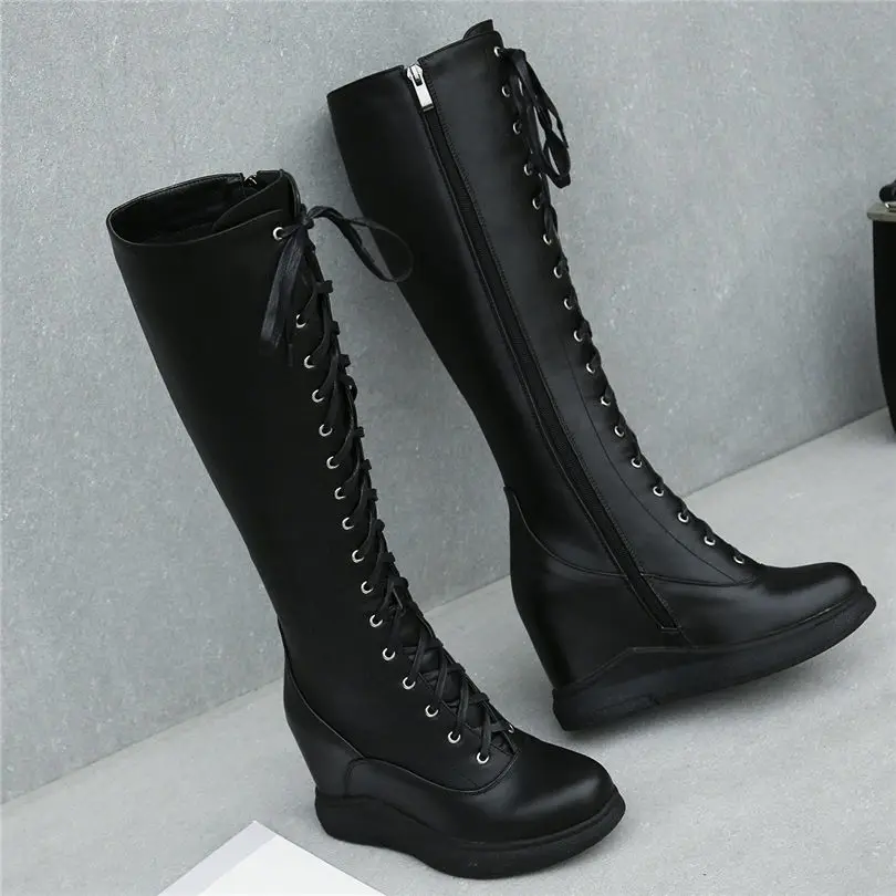 Thigh High Boots Women Genuine Leather Lace Up Knee High Booties Wedges High Heel Tall Shaft Punk Sneakers Winter Punk Creepers