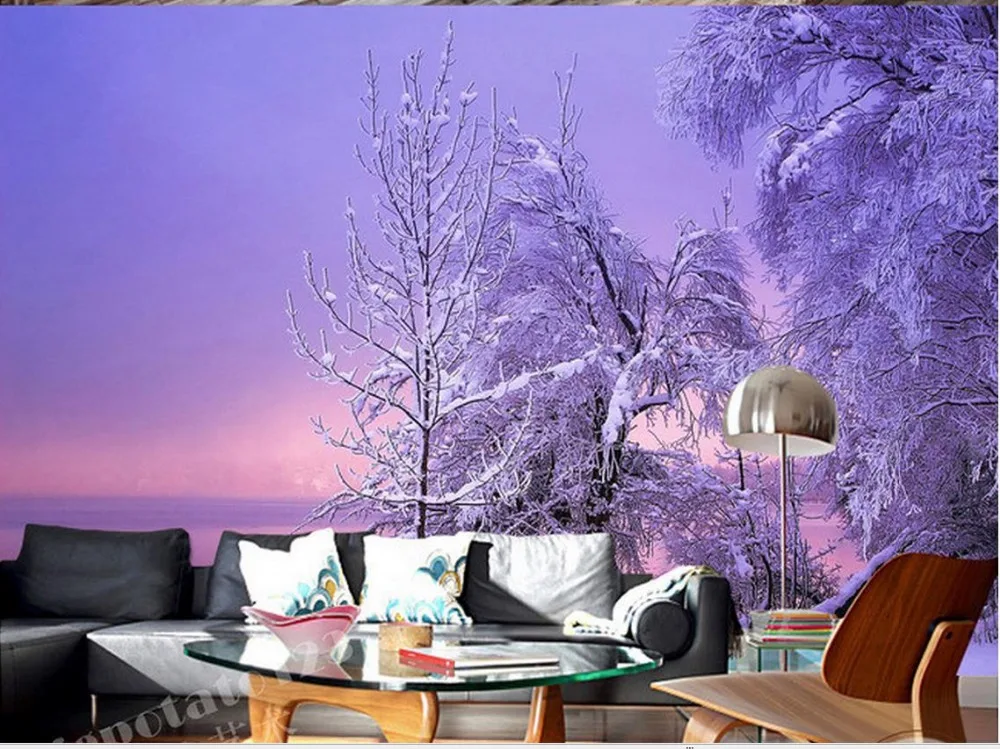 Декор для дома 3d настенные фрески обои фиолетовый рассвет небо снег лес пейзаж