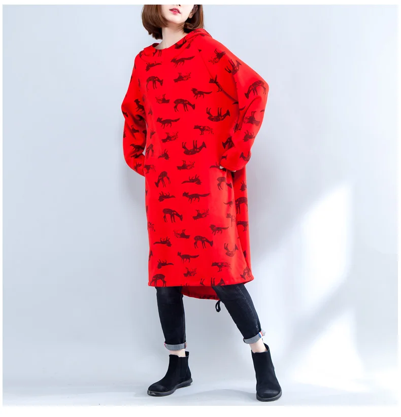 Lady Plus Size Fleecy Lining Hooded Sweatshirt Jumper Dress Ladies Hoodies Long Sleeve Tunic winter Fashion Baggy | Женская одежда