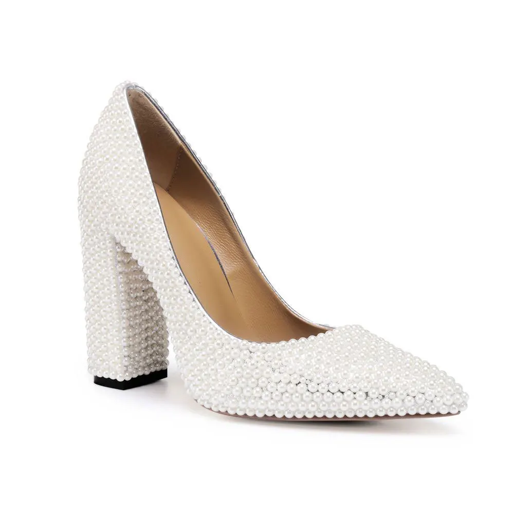 

ACILICI 2018007 European and American New High-heeled Pearl Pumps Women White Bride Sexy Wedding Shoes