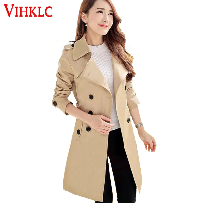 2017 Демисезонный Для женщин Тренч средней длины однотонные Пальто двубортное Slim