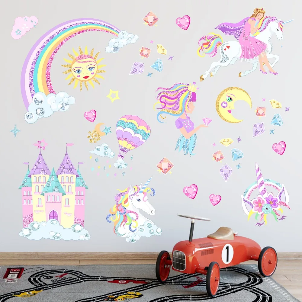 

Reflective Unicorn Rainbow Castle Wall Sticker Wall Decal Art Girls Bedroom Nursery Home Decor Free Shipping