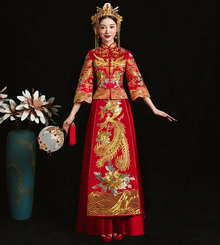 

Красное традиционное китайское свадебное платье cheongsam с вышивкой, вечернее платье для свадьбы, Qipao Vestido, большие размеры, S-5XL
