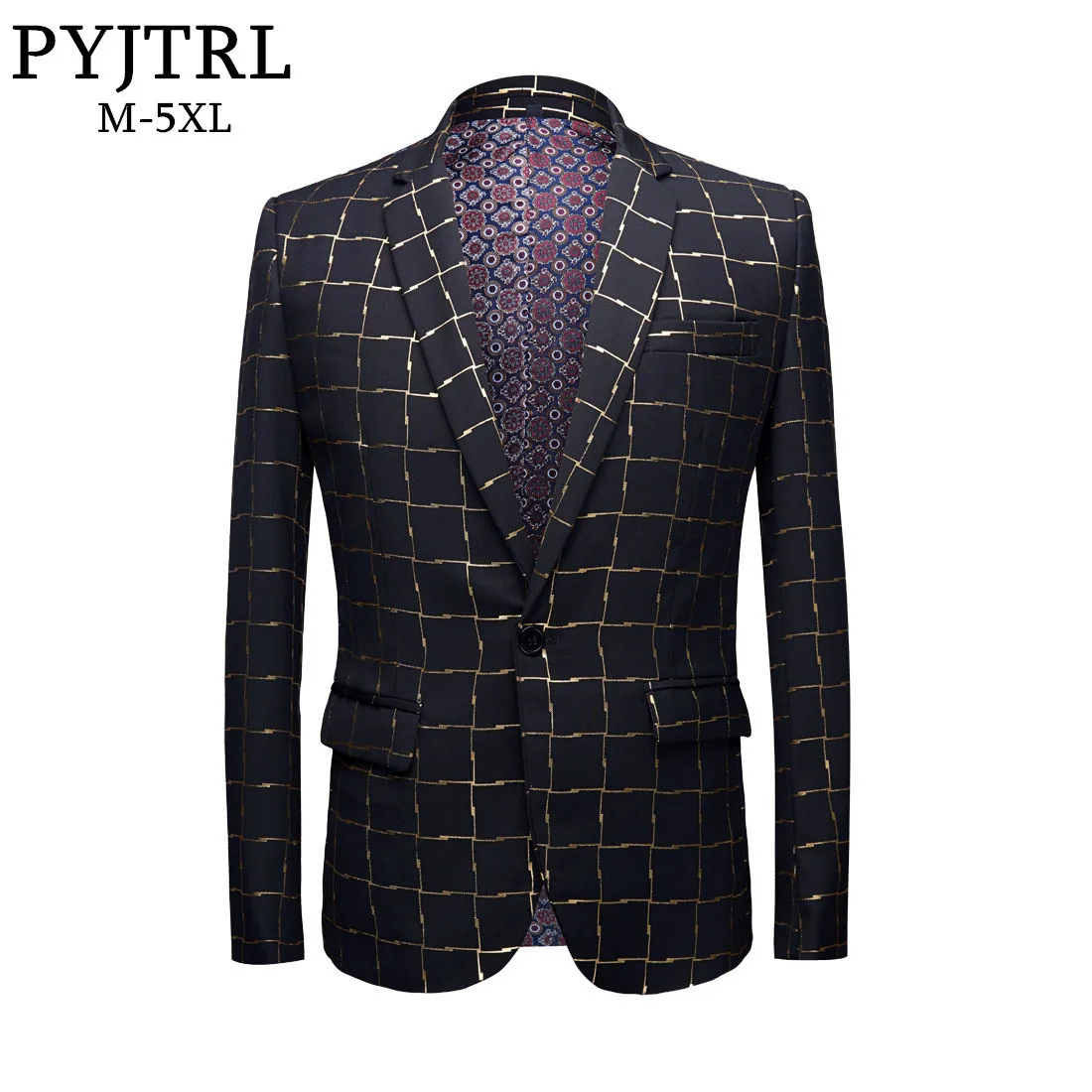 PYJTRL Фирменная новинка мужской Модный золотой клетчатый Блейзер Masculino Slim Fit дизайн