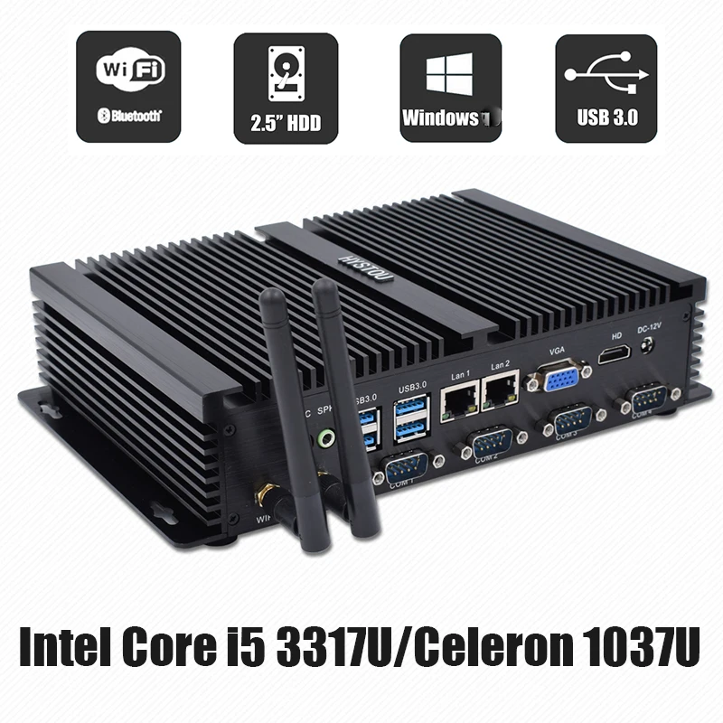 Двойной NIC LAN безвентиляторный мини ПК Intel Core i5 3317U Windows7 XP промышленный 1007U ULHD 4K TV Box 4