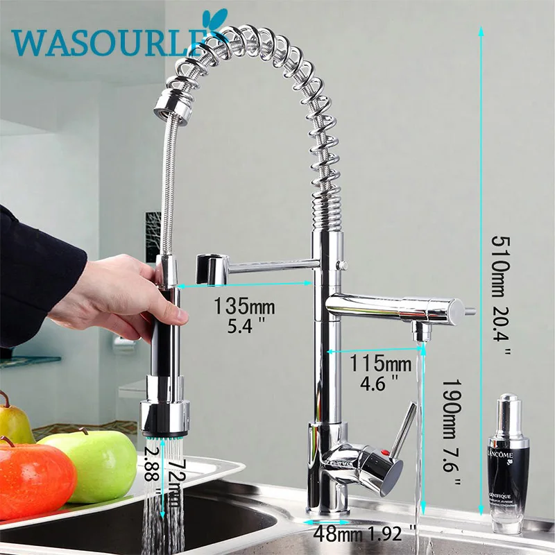 Кухонный медный кран WASOURLF хромированный с одной ручкой вытяжной двумя носиками