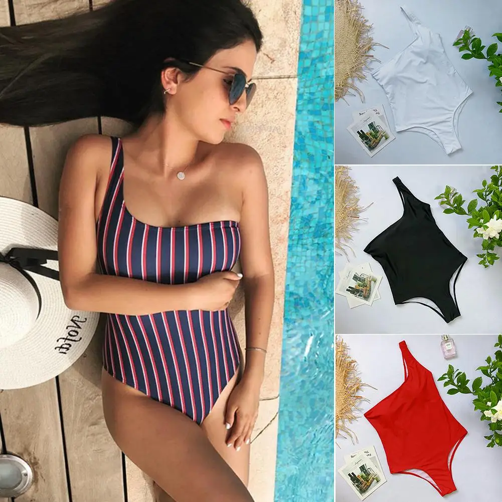 2018 New Arrivals Single-shoulder Strap One-piece Sexy Bikini Swimwear Swimsuit small size Striped Pattern Beach bikini set | Спорт и
