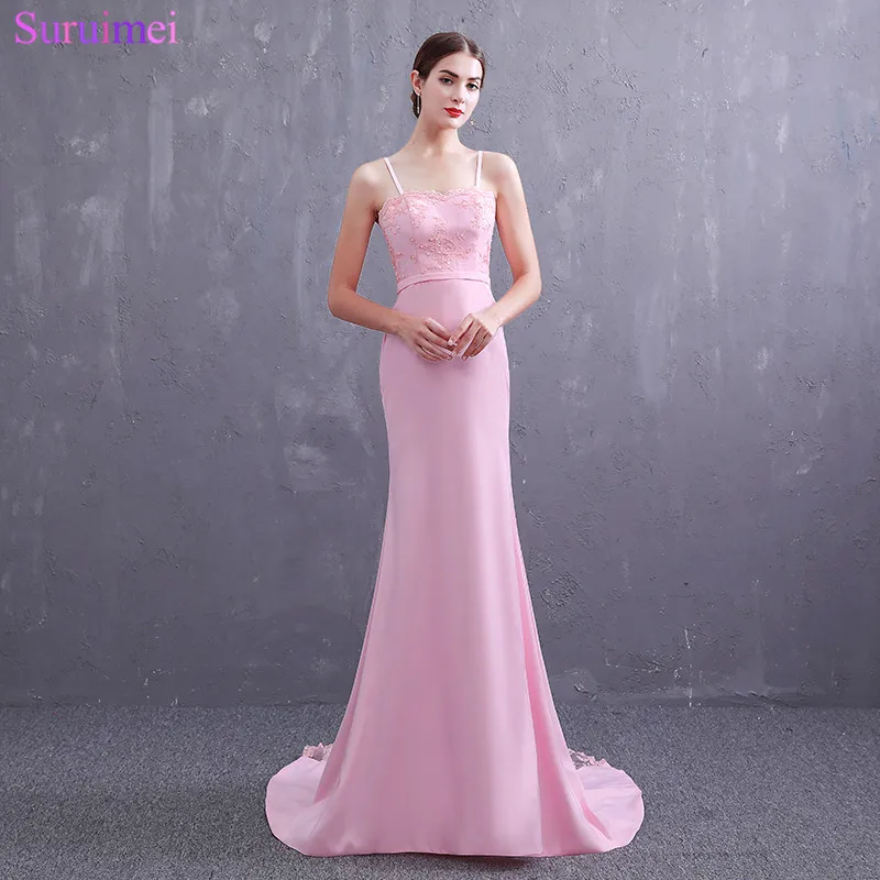 

Vintage Pink Evening Dresses See Throught Back Skirt Mermaid Long Evening Gown with Spaghetti Straps
