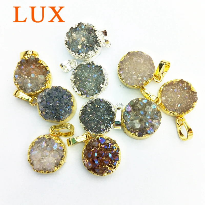 Круглые разноцветные кулон агат Друза с золотом и серебром гальванизированные 12
