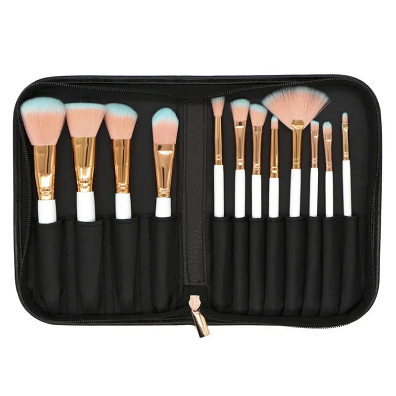 12pcs White With bag 12 шт. набор кистей для макияжа вентилятор рассыпчатая пудра контурная кисть для румян кисть для бровей, Кисть для макияжа, с высокое качество кожаный чехол - Handle Color: 12pcs White With bag