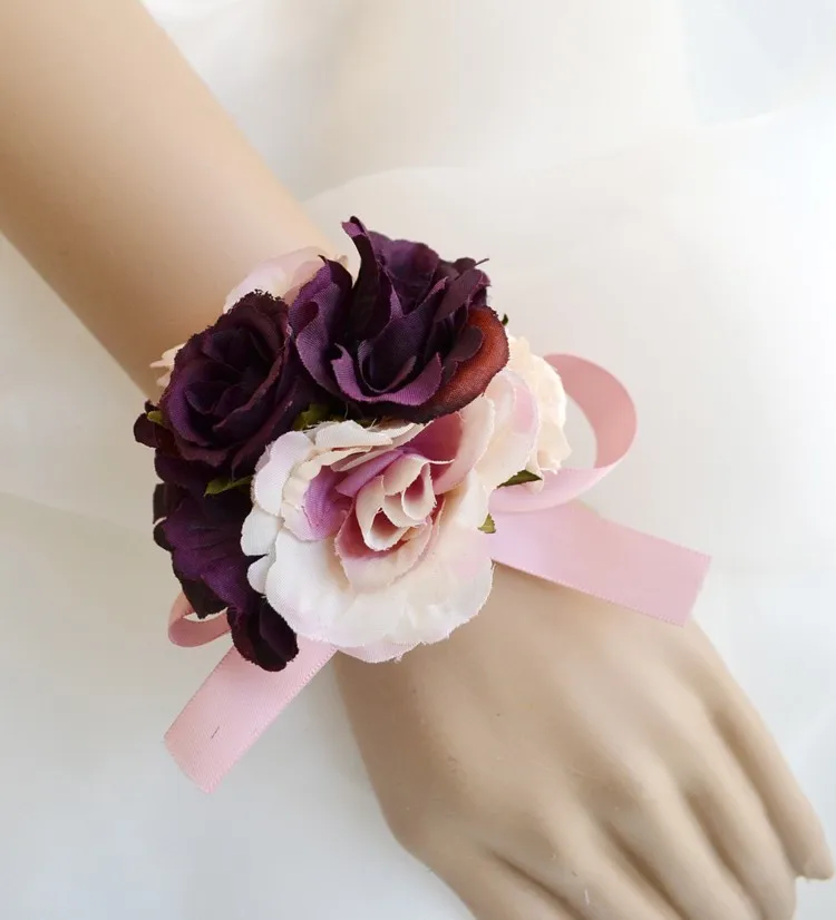 Style1 Wrist Corsage Свадебный Мужской бутоньерка& девушка невесты подружки невесты на запястье Роза корсаж цветок в слоновой кости фиолетовый розовый Жених булавка брошь - Цвет: Style1 Wrist Corsage