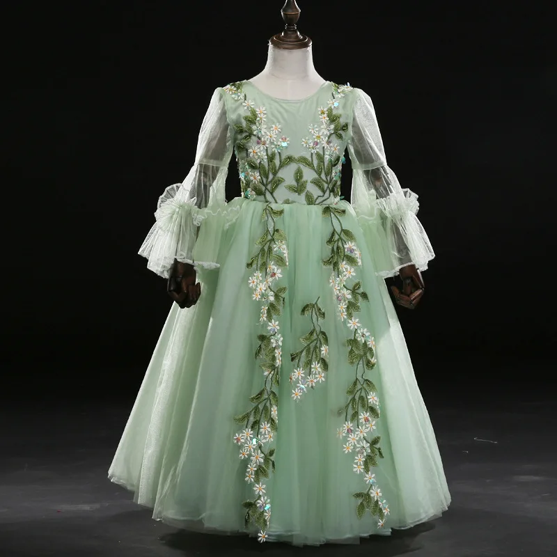 

D-043 Children's Clothes little flower, girl's wedding Party Piano Evening Dress green Summer es Girl Princess