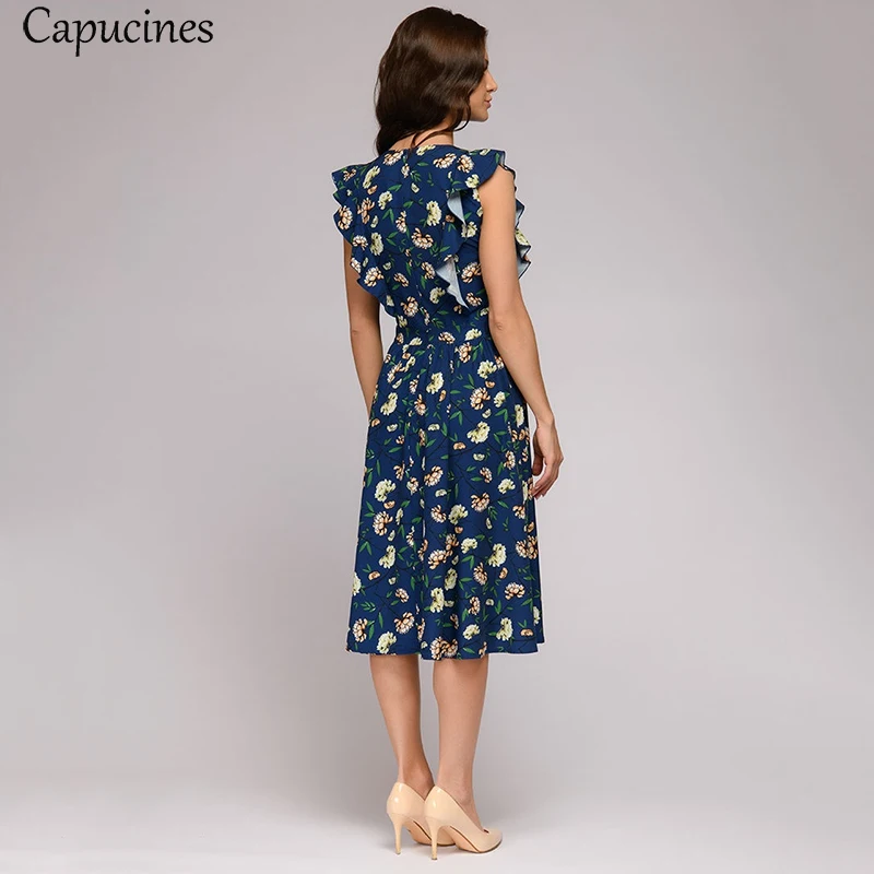 Capucines Summer Boho Floral Print Ruffle Trim A-Line Dress Women Cap Sleeve O-Neck Casual Dress Ladies Office Work Wear