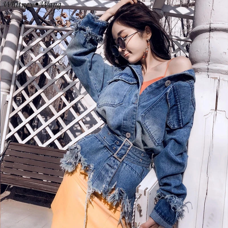 Женская рваная джинсовая куртка WHITNEY WANG модная уличная одежда Потертая с поясом