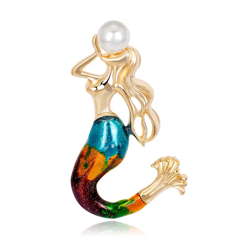 Cute Personality Painted Enamel Mermaid Imitation Pearl Brooch Pin for Women Men Fashion Corsage Jewelry Accessories Gift | Украшения и
