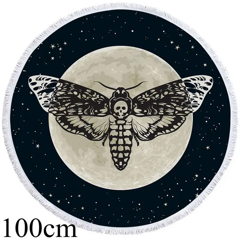 002 Towel 100cm Постельное белье Outlet Death Moth круглое пляжное полотенце Готический Череп полотенце большое для взрослых бабочка Toalla кисточкой Луна галактика коврик для пикника - Цвет: 002 Towel 100cm