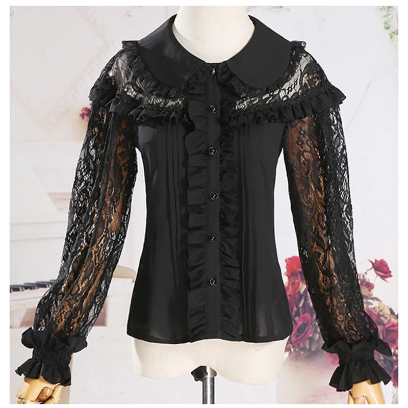 Черный прозрачный кружевной и шифоновый воротник Питер Пэн длинный рукав