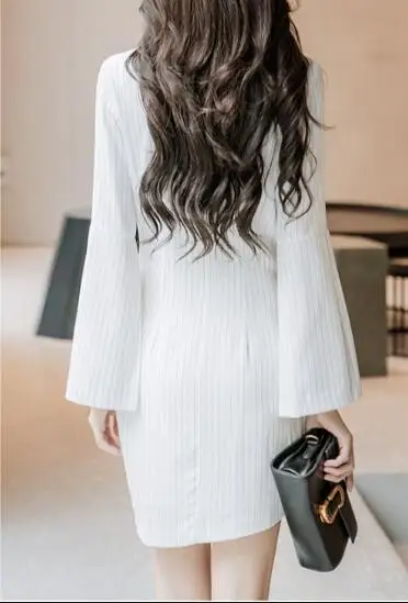 

New Fashion Korean Double Breasted Office Lady Striped High Waist Dress Women Autumn Winter Split Flare Sleeve Bodycon Dresses
