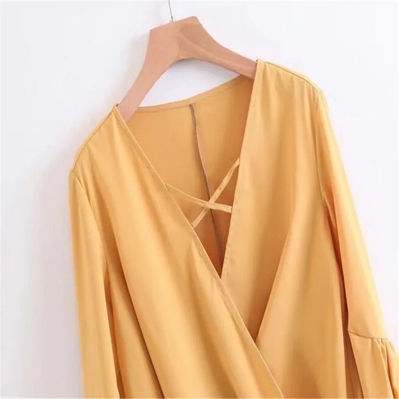 С пышными рукавами крест v образным вырезом с запахом топы blusa пикантные женские