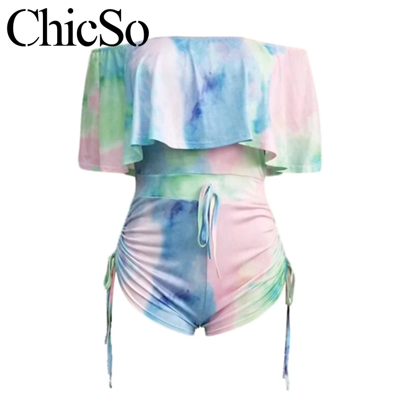 MissyChilli Tie dye pleated short jumpsuit women Bodycon elegant off shoulder romper summer Autumn sexy club streetwear playsuit |