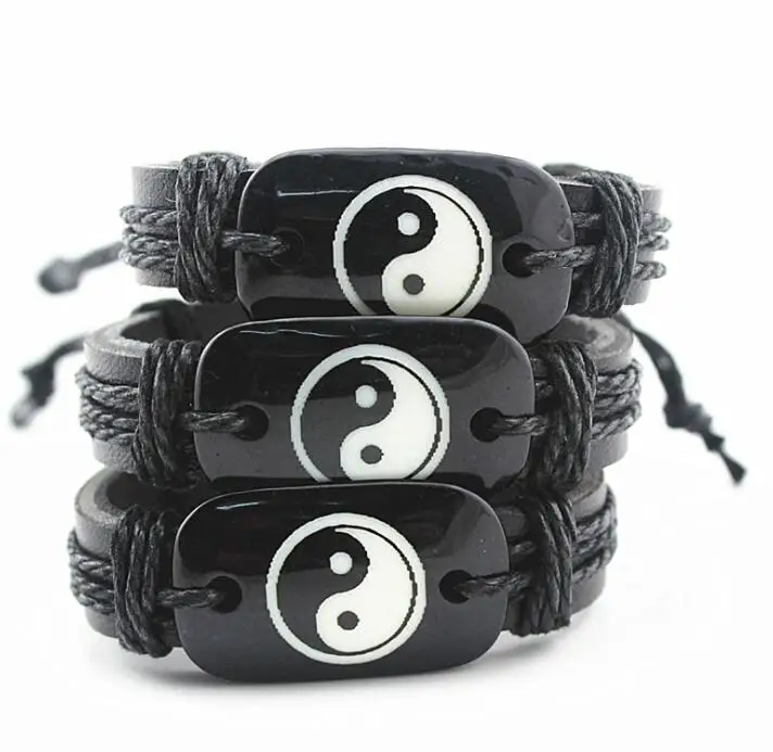 Оптовая продажа крутой мужской и женский кожаный браслет Taoism Tai Chi Yin Yang резной из