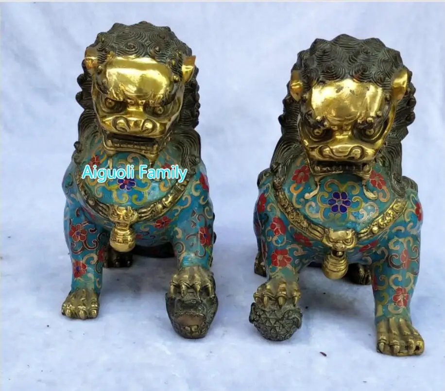 

Art Collectible Chinese Old Cloisonne Bronze Carved 1 Pair Big Fu Foo Dog Statue/Home Decoration Animals Feng shui Sculpture