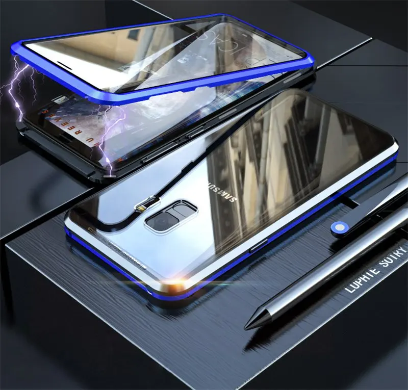 360 полная защита магнитный металлический корпус для Samsung Galaxy S8 S9 S10 Plus Note 9 металлический корпус алюминиевое закаленное стекло чехол