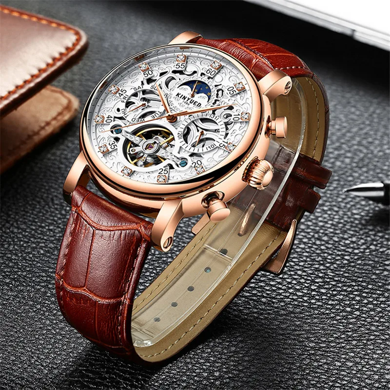 KINYUED Мужские автоматические механические часы с полым циферблатом Tourbillon