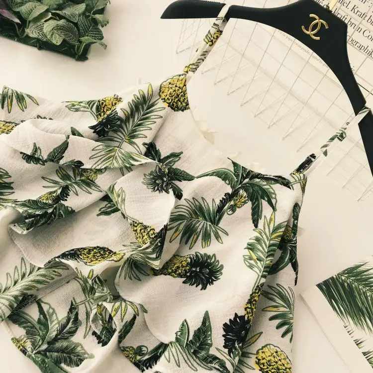 Women Sexy Strapless Camis pineapple Print Satin lotus leaf Tank Tops V neck sweet Summer 2019 Cute Tank Female blouses Camisole