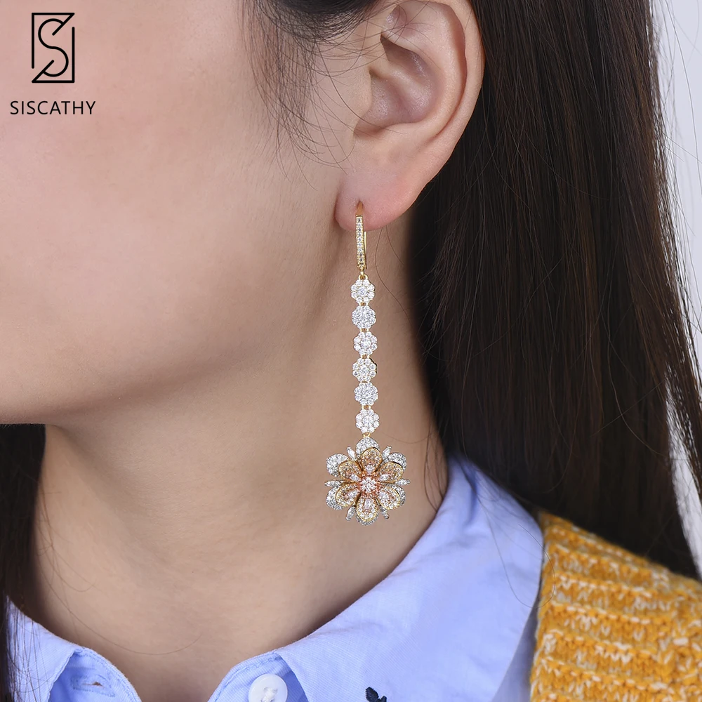 GODK 80MM Luxury Flower Long Dangle Earrings For Women Wedding Full Micro Cubic Zircon Crystal CZ Dubai Bridal Big Drop | Украшения и