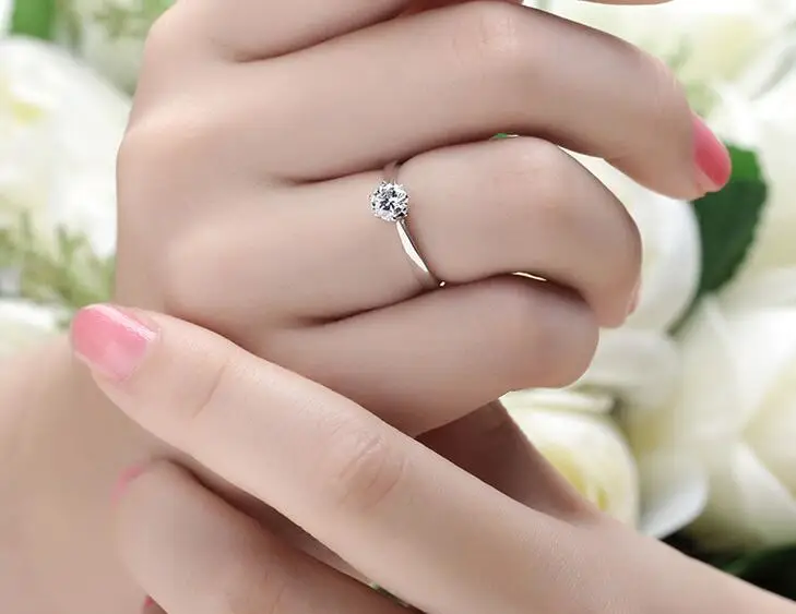 Solitaire CZ Stone Engagement Ring Six Prong Settings 6mm Shiny Genuine 925 Sterling Silver Jewelry Marriage Gift for Wife Lover | Украшения