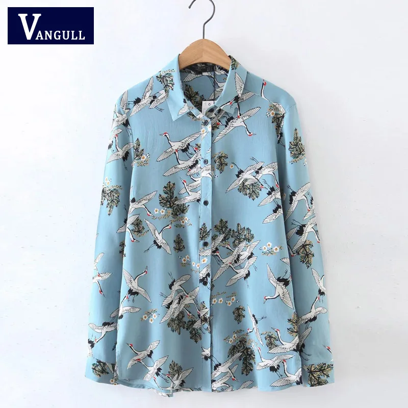 Crowned crane blouse women tops swan birds print shirt blouses 2018 new long sleeve shirts sky color chemise femme blusa |