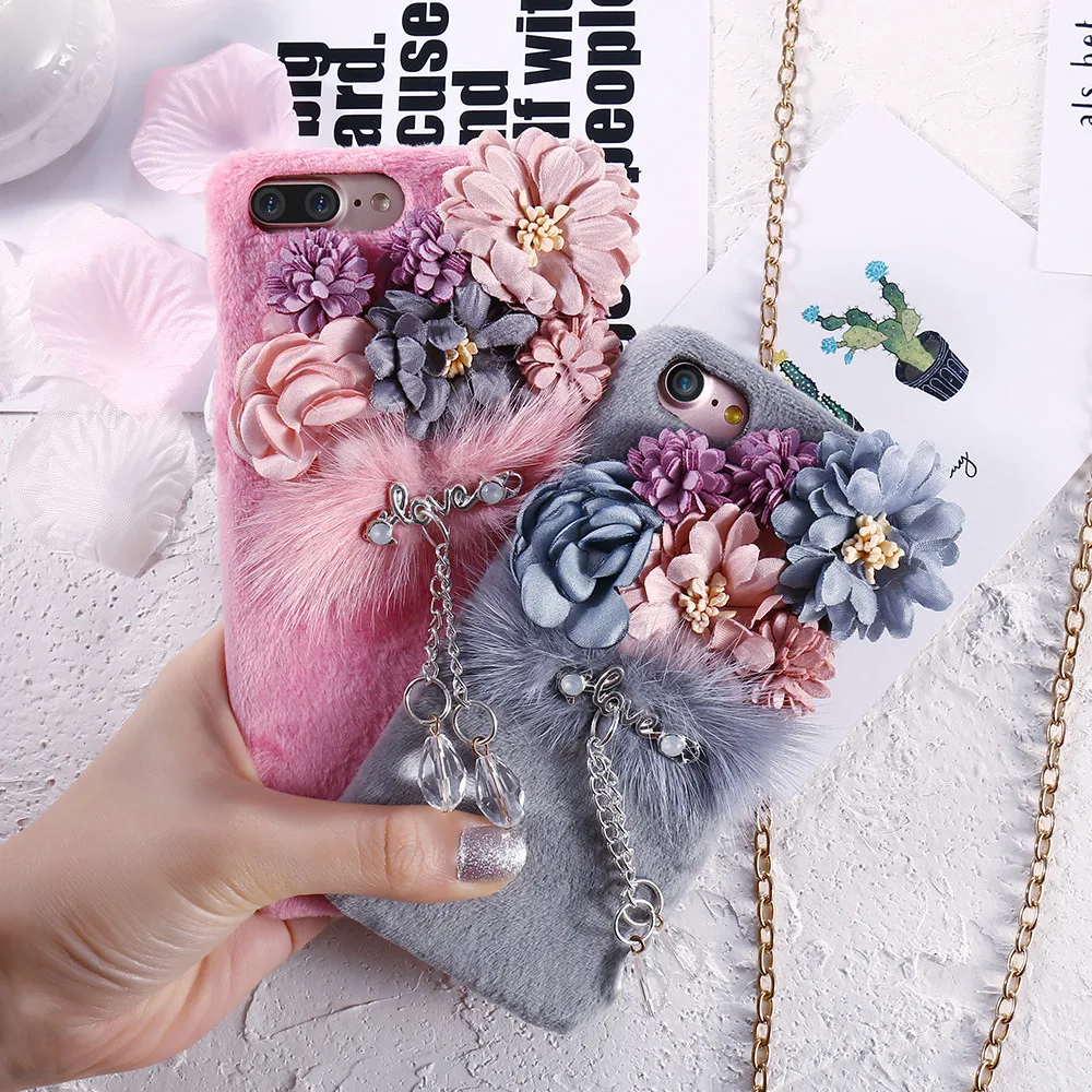 KISSCASE Luxury 3D Flowers Fur Cases Cover For iPhone 7 7Plus Phone Lovely Korean Back Apple 6 6S Plus |