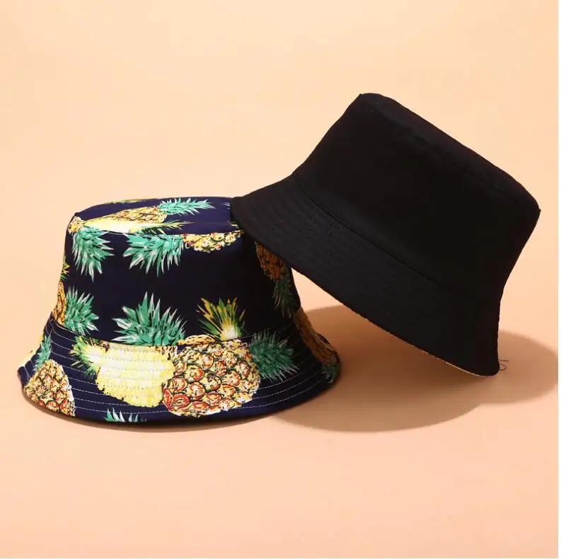 navy blue pineapple Двусторонняя шапка-ведро с фруктами и вишнями для мужчин и женщин Рыбацкая шляпа Панама Боб летняя шляпа с ананасом, арбузом, лимоном - Цвет: navy blue pineapple