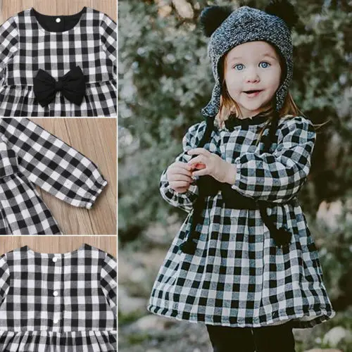 Pudcoco 2018 Toddler Kid Baby Girl Dress Princess Plaid Button Fly Long Sleeve Party Bow Dresses Cotton Coat Autumn Outfit 1-6T | Детская