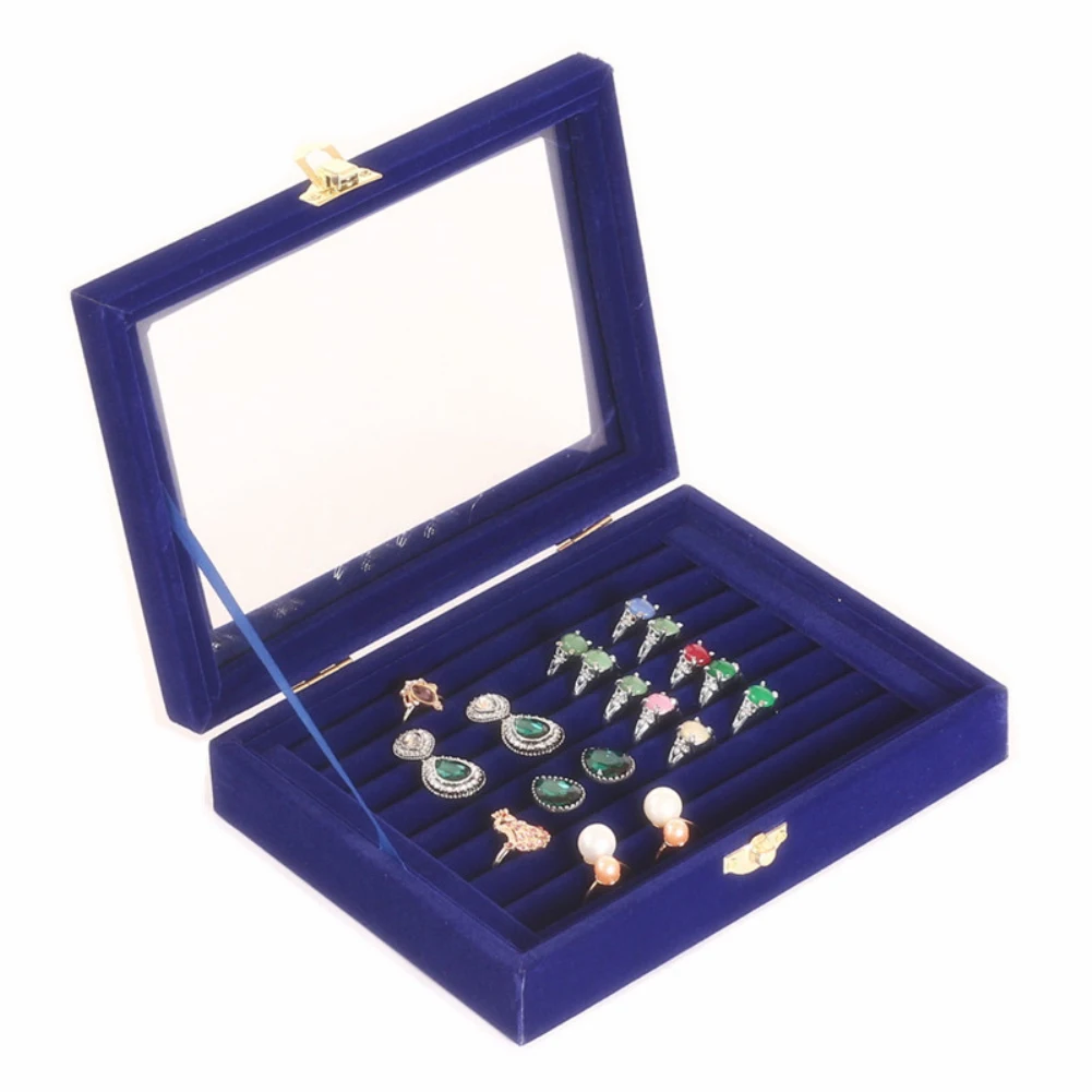 Velvet Rings Stud Earrings Jewelry Display Tray Storage Box with Glass Lid trendy | Украшения и аксессуары