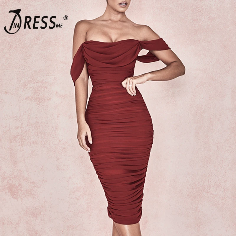 INDRESSME Для женщин сексуальное платье с открытыми плечами и воротником лодочкой